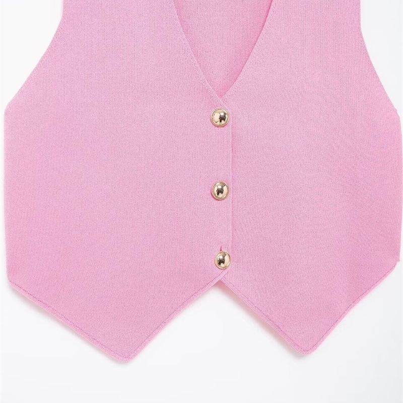 Womens pink knitted vest sleeveless knitted top V-neck single chest three gold buttons summer trend 240828
