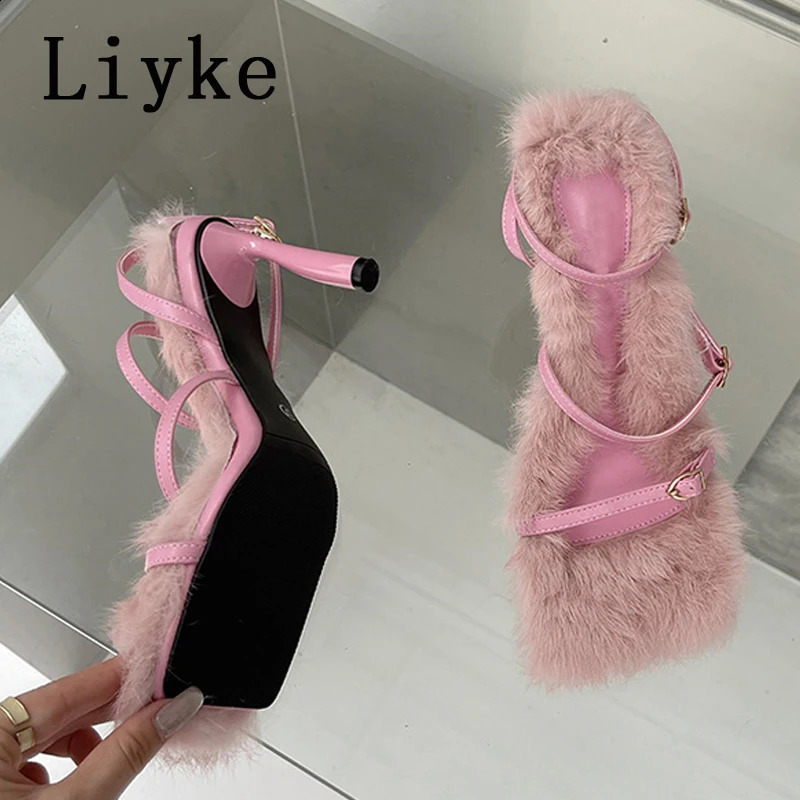 Liyke Size 35-40 Summer Party Dress Pink Sandals for Women 2024 Fashion Fur Feather Thin High Heels Square Lace Buckle Lace 240827