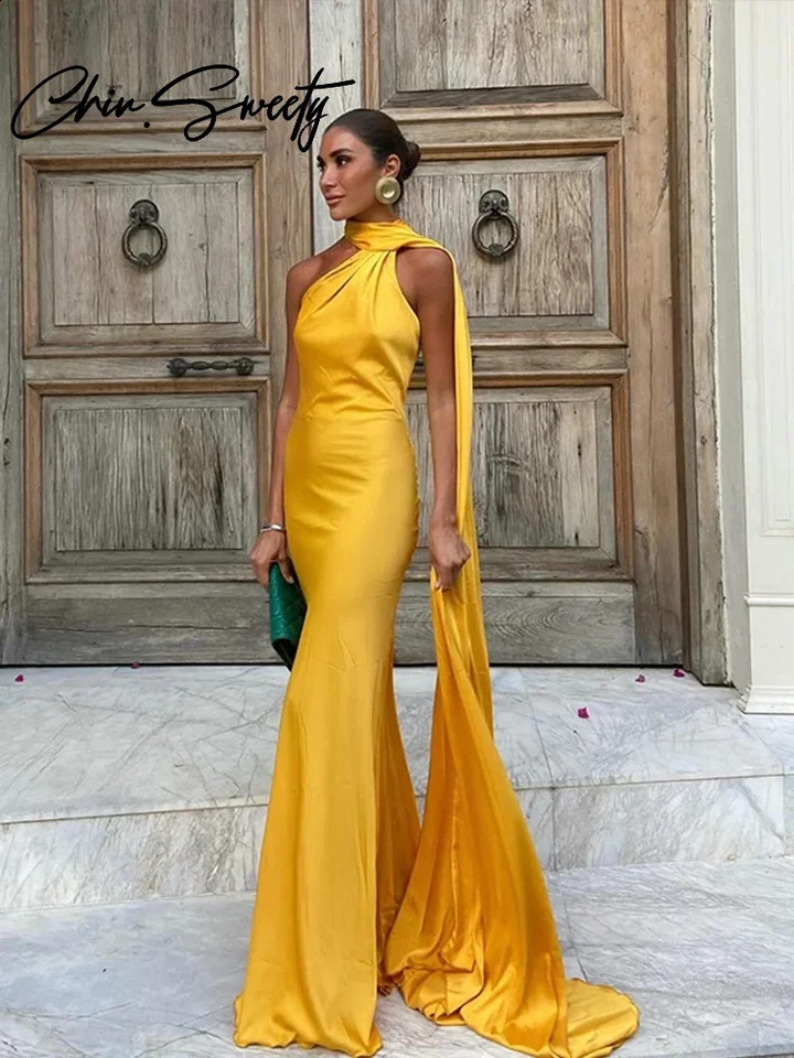 Party Satin Ribbon Halter Evening Dress Women Sexy Backless Off Shoulder Sleeveless Solid Long Female Dresses Lady Robes