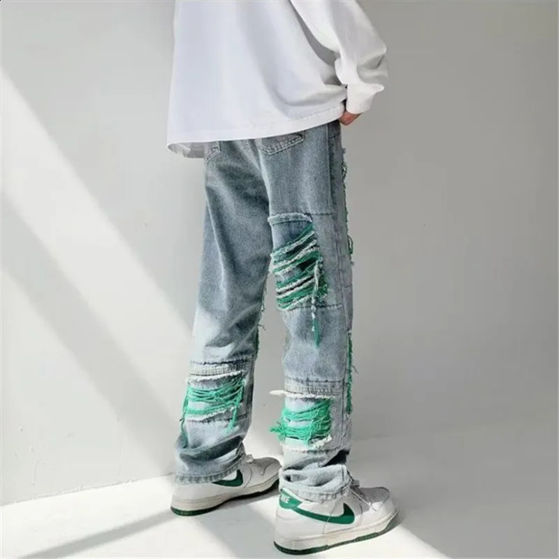 Hip Hop Ripped Jeans Mens clothing High Street Y2K Loose Straight Pants Button Pocket Spring Summer Trousers A047 240828