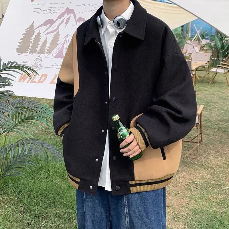 Winter contrasting color lapel jacket mens velvet thick versatile loose large-sized casual wool coat k clothing 240829