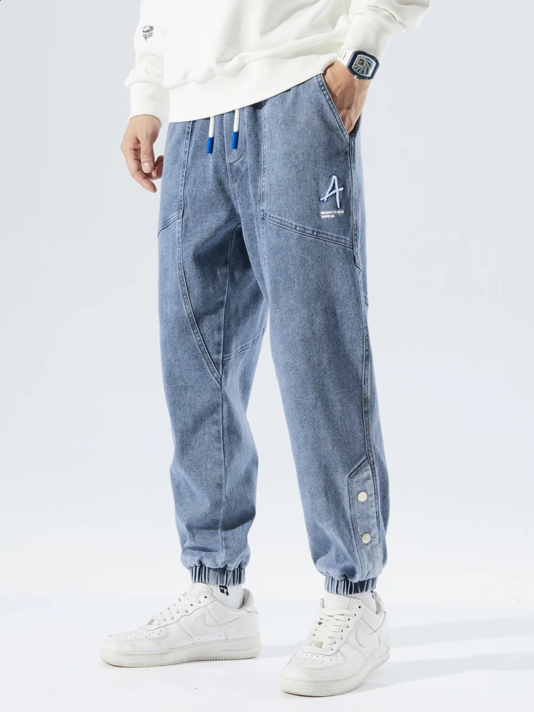 Spring and autumn plus size pocket jeans mens hip-hop streetwear harem pants fashionable embroidery elastic cotton casual jogging jeans 8XL 240829