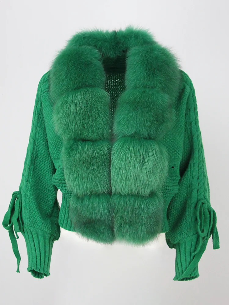 OFTBUY Winter Womens Casual True Fox Fur Collar Fashion Short Warm Loose Knitted Jacket With Natural Board Coat