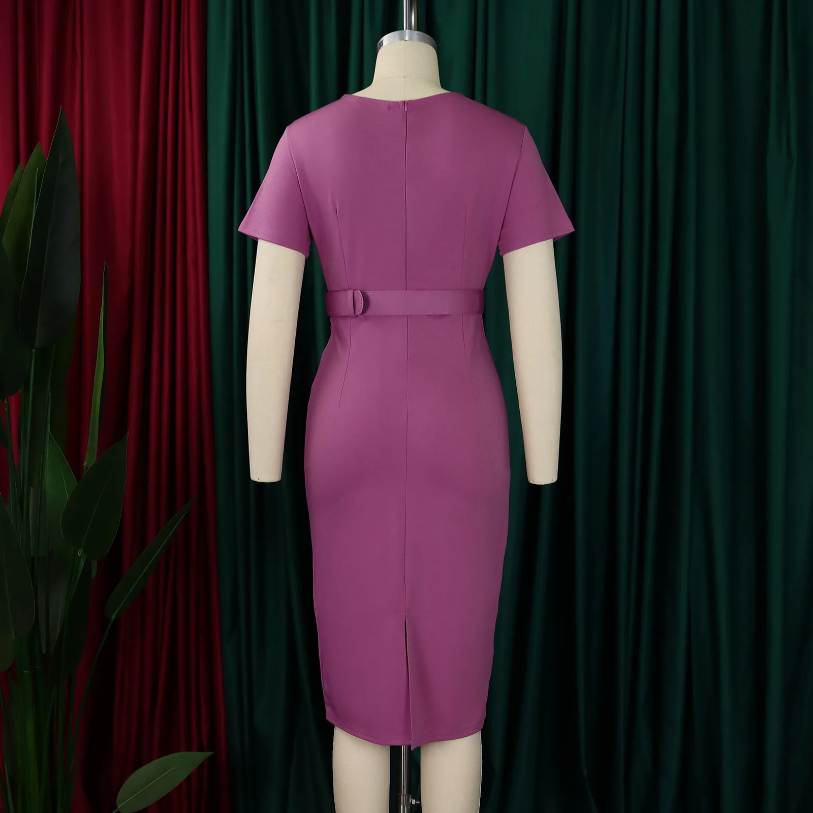 Women Elegant Bodycon Short Sleeves Wrap V Neck Modest Waist Belt Church Dress Outfits Female Summer African Classy Gowns