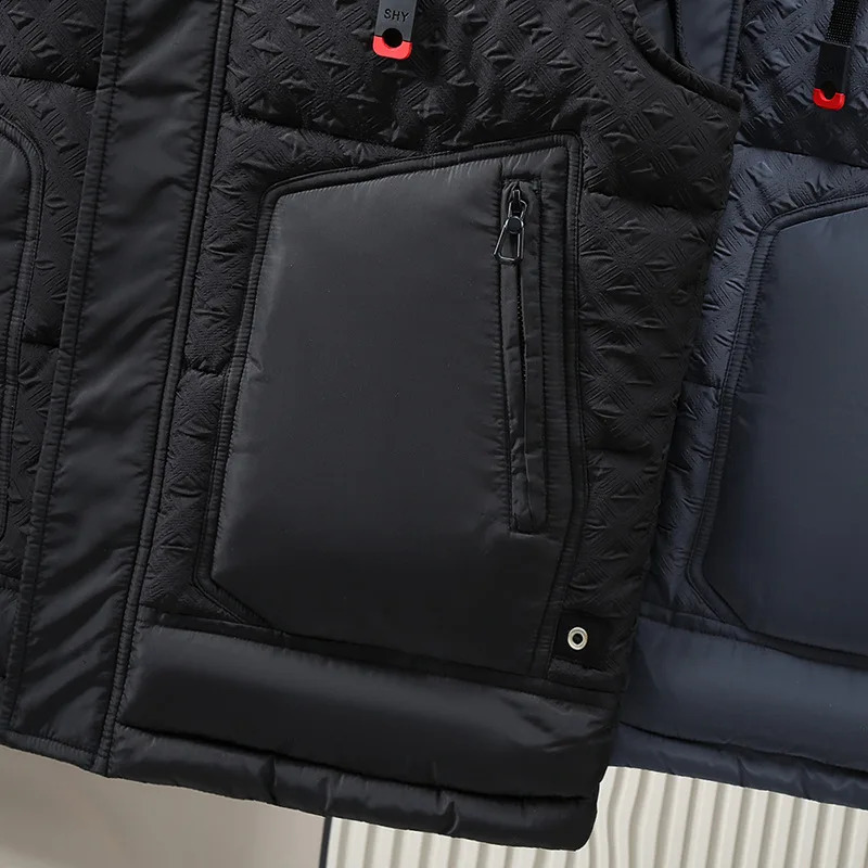 Wxw3636 black gray sleeveless jacket mens pocket thermal vest zipper thick Plus size 5XL 6XL hooded 240828