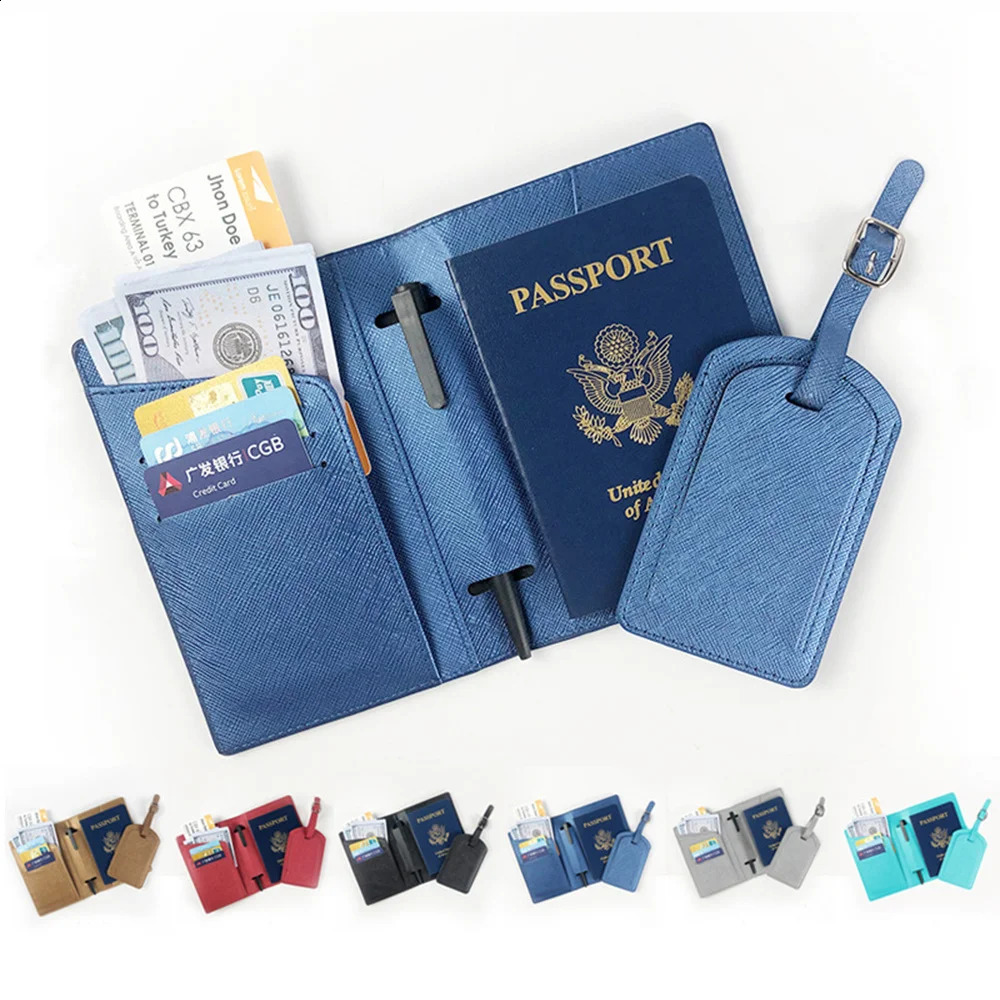 Free customized name passport cover luggage tag set fashionable Saffiano PU leather ticket holder personalized travel wallet 240829