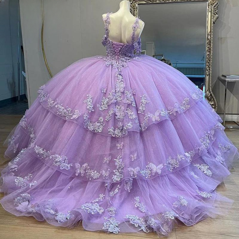 Lilac Ball Gown Quinceanera Dresses Spaghetti Sequined Appliques Lace Beads Tull Vestidos De 15 Anos Sweet 16 Dress