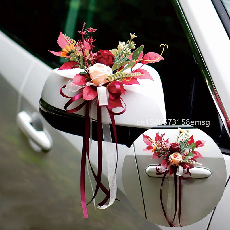 4PCS Artificial Flower Decoration Outdoor Car Mirror Door Romantic Floral Wedding Decor Ribbon false Flower Decoration Supplies 240829 - view 5