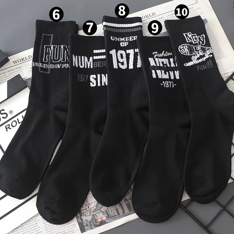 5 Pairs Of Mens Trendy Creative Letter Pattern Crew Socks Breathable Comfy Casual Unisex For Outdoor Wearing All S 240828