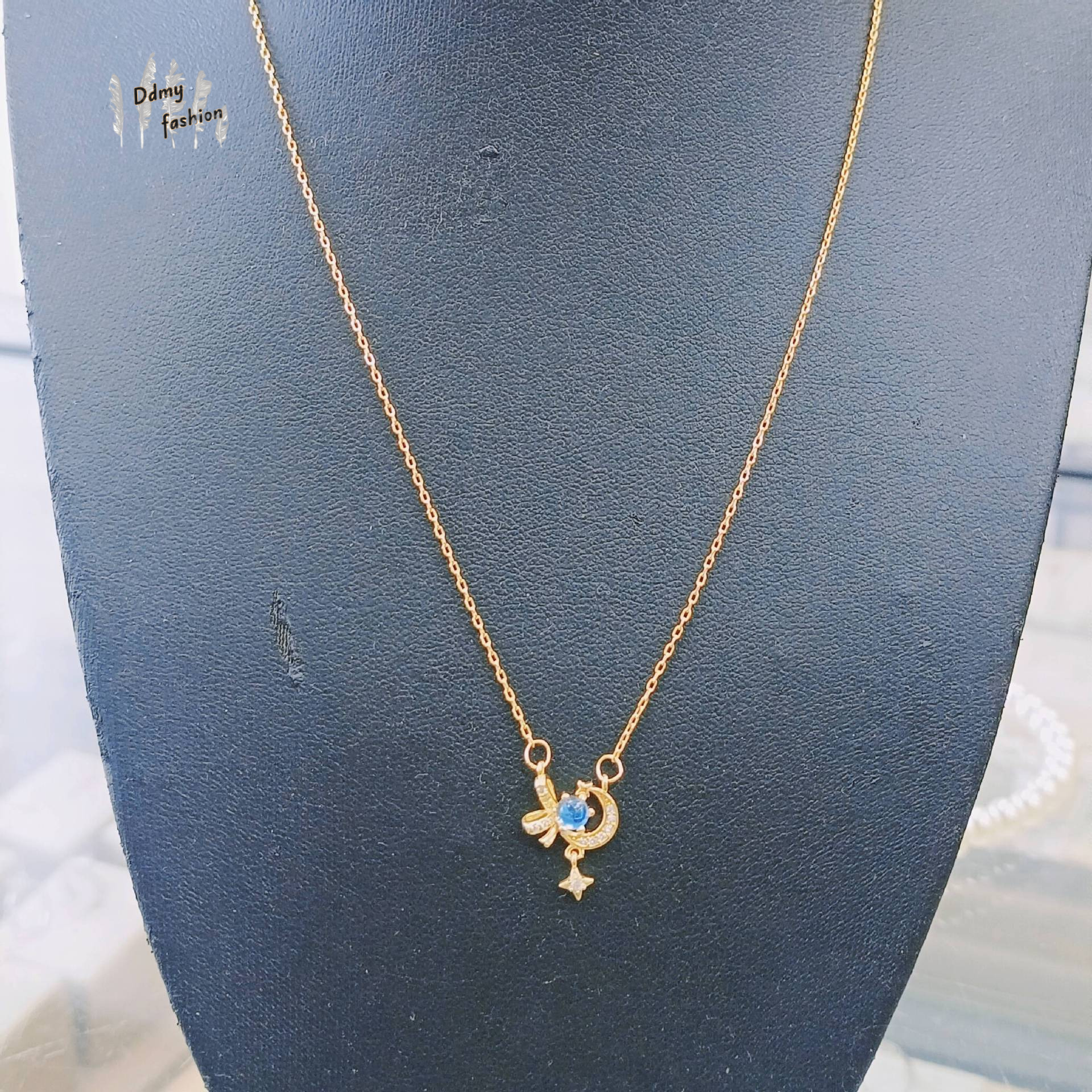 S999 pure sier moonstone star moon bow necklace for women's fashion, high-end, niche, new Valentine's Day gift F08.30-5.8 7fad1