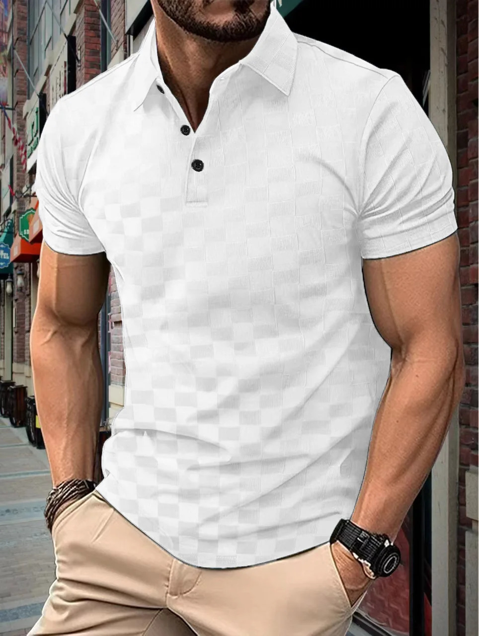 summer lapel button jacquard plaid mens fabric leisure sports breathable polo shirt 240828