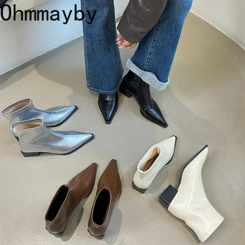 Pointed Toe Womens Ankle Boots Fashion Thick Heel Weight Loss Short Boots Autumn Soft Leather Womens Shoes 240827