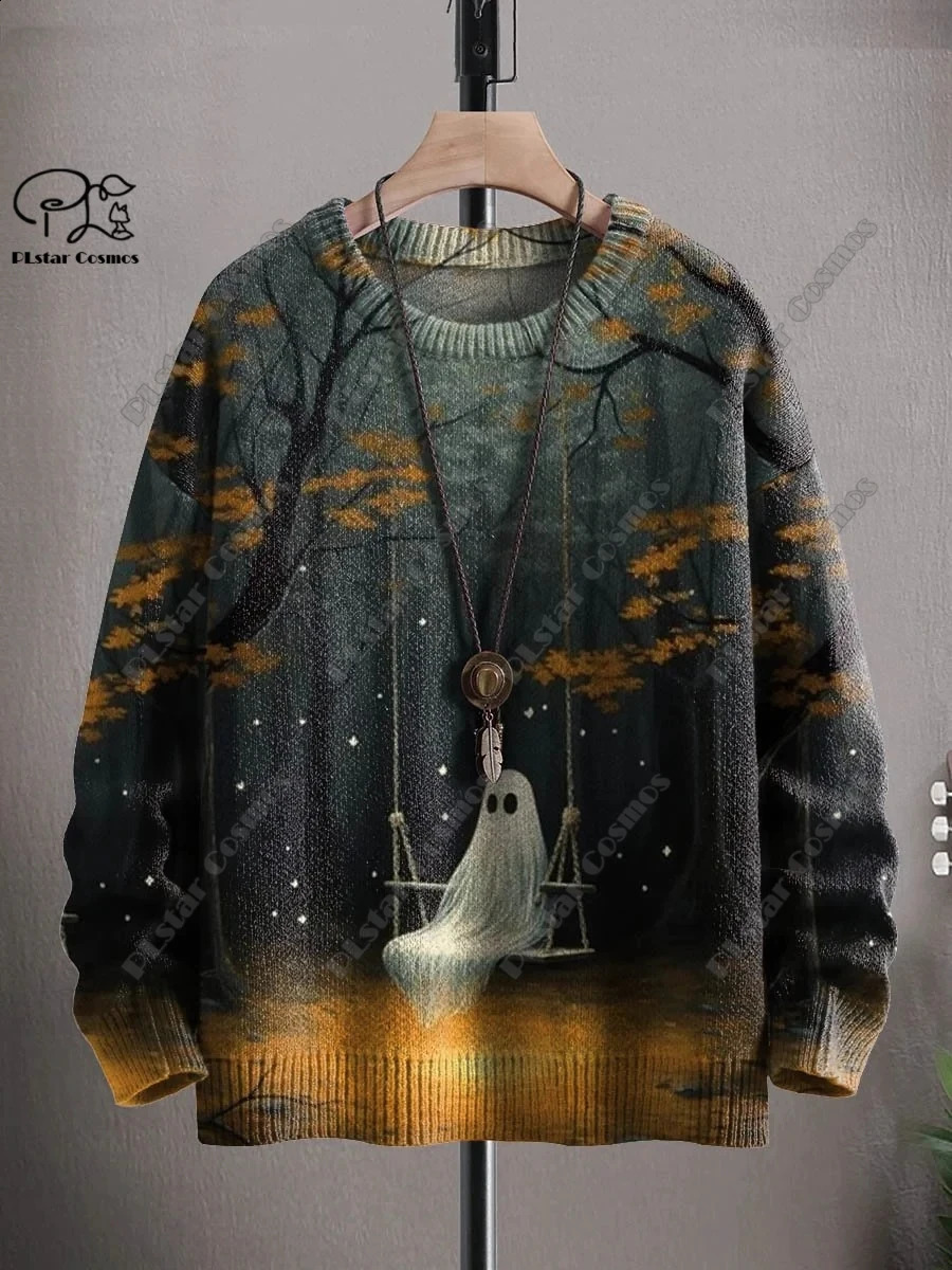 3D printing Halloween series horror ghost skeleton witch black cat pattern ugly sweater street casual winter sports shirt W-1 240829