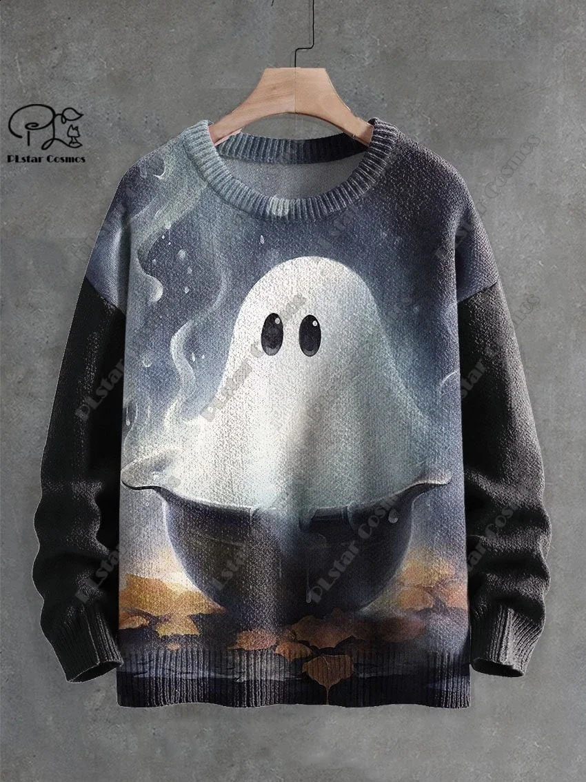 3D Printing Halloween Custom Series Horror Ghost Skull Witch Black Cat Pattern Ugly Sweater Street Casual Winter Sweater W-8 240829