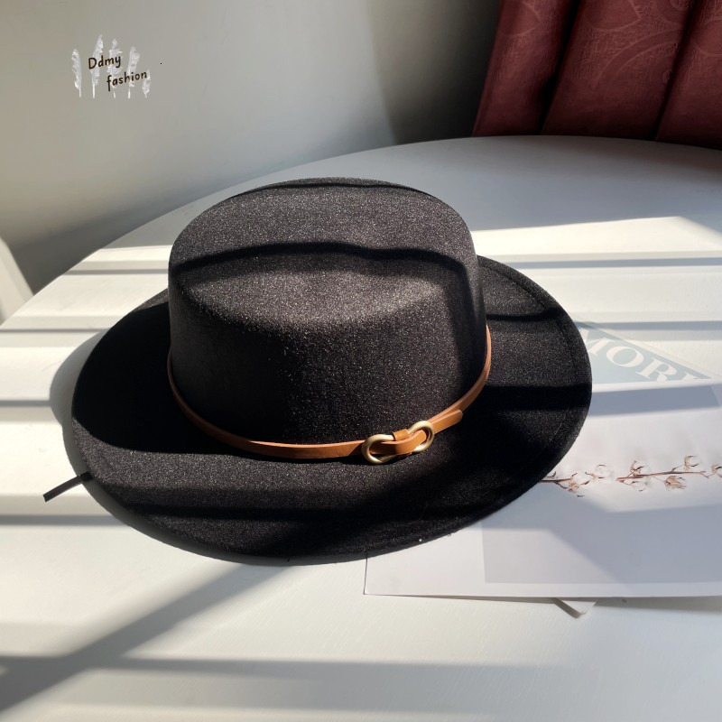British Style Woolen Top Women Fashionable Versatile In Autumn And Winter Belt Buckle Flat Top Black Jazz Hat For Men F08.29-15 22b82