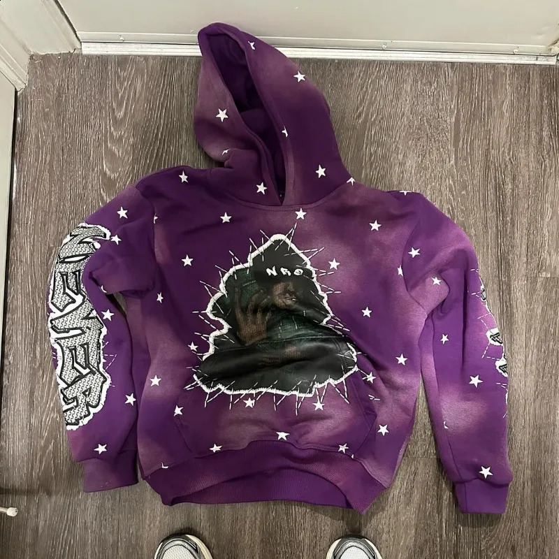 Geometric letter stars all over printed purple oversized baggy hoodies men y2k high street hip-hop fashion rock pop sweatshirts 240829