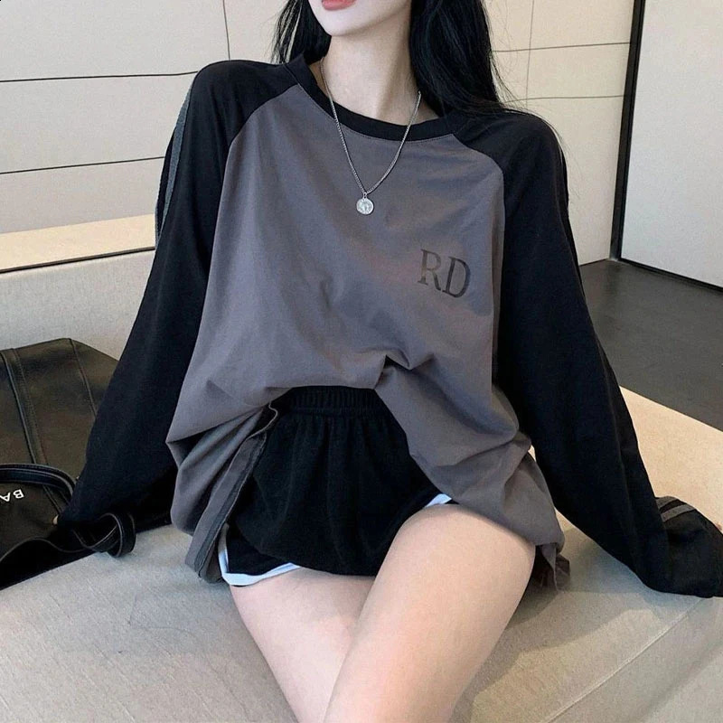 MEXZT Streetwear womens striped patch work too large Pullover Korean Harajuku letter printing loose casual hooded top 240827