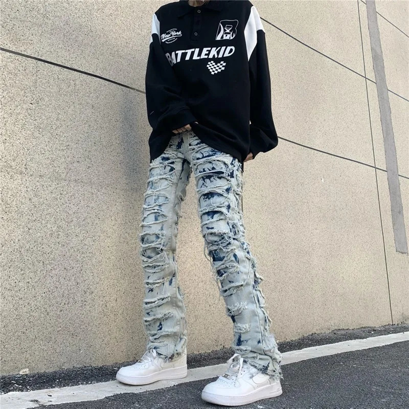 Casual Tie Dye Jeans Men and Women Straight Pants Streetwear Ripped Hole Washed Baggy Haruku Denim Trousers 240828