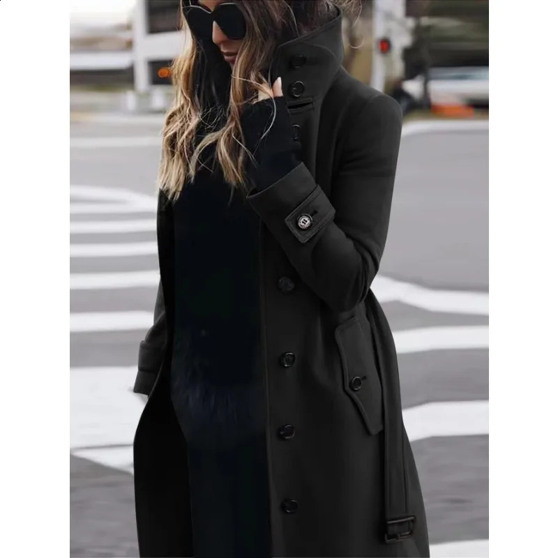 Autumn and winter wool coat womens slim fit open top large coat womens long sleeved single chest standing collar wool coat 240828