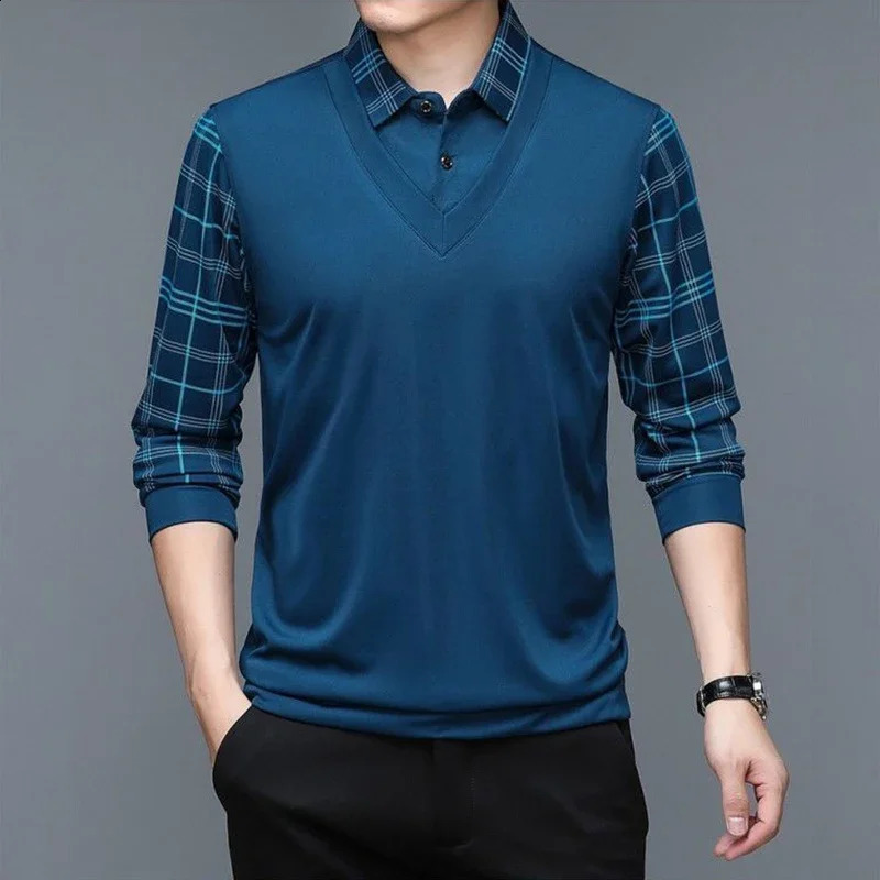 Spring Long Sleeve POLO Mens T-shirt Turn-down Collar Loose Solid Plaid Fashion Casual Business Button Tops 240828