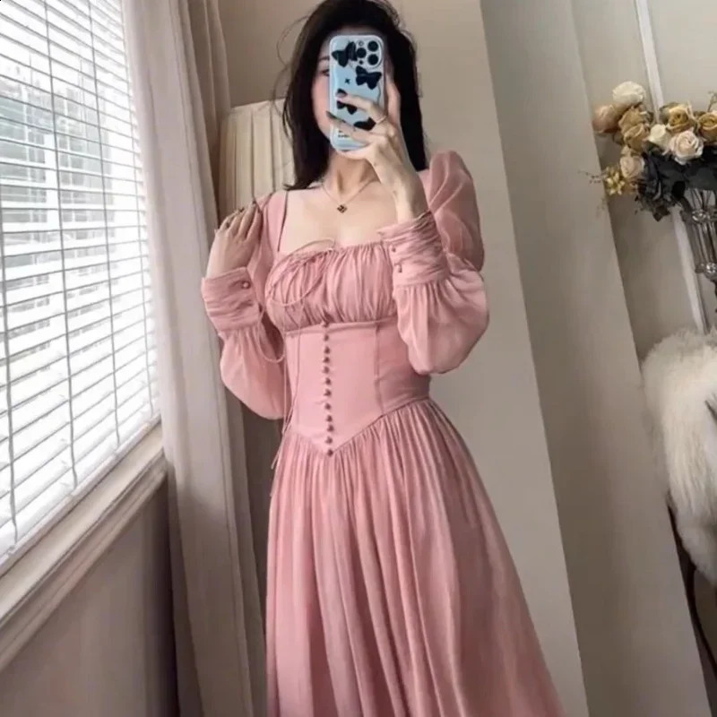 French Retro Square Neck Corset Princess Prom Dress Women Spring Long Sleeve Elegant Pink Female Long Slim Evening Dresses