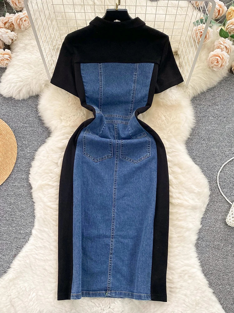 XFPV Women Temperament Short Sleeve Contrast Color Patchwork Denim Dress Vestidos Korean Fashion Spring Autumn SM9365 240828