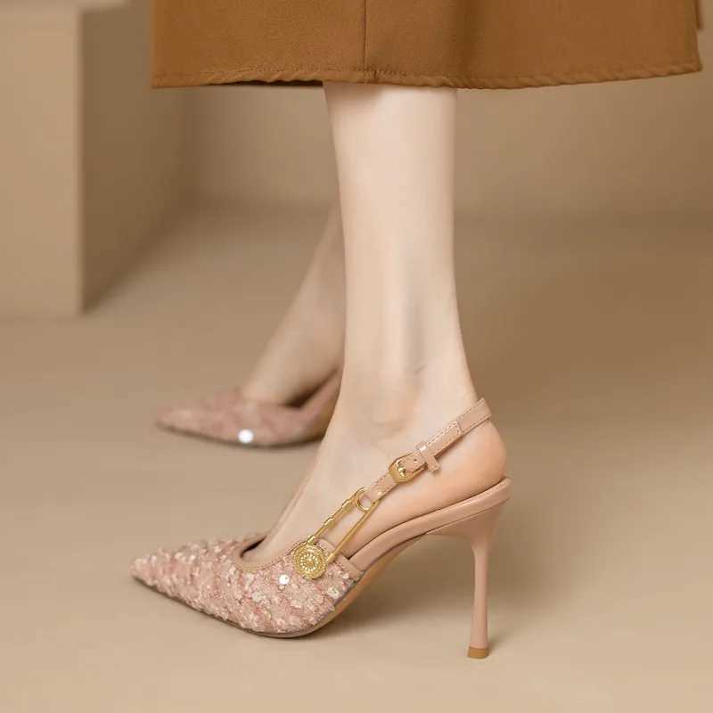 High Quality Womens high heels with angular toes and sequin fabric for spring and summer new straight button sneakers single shoes T241024