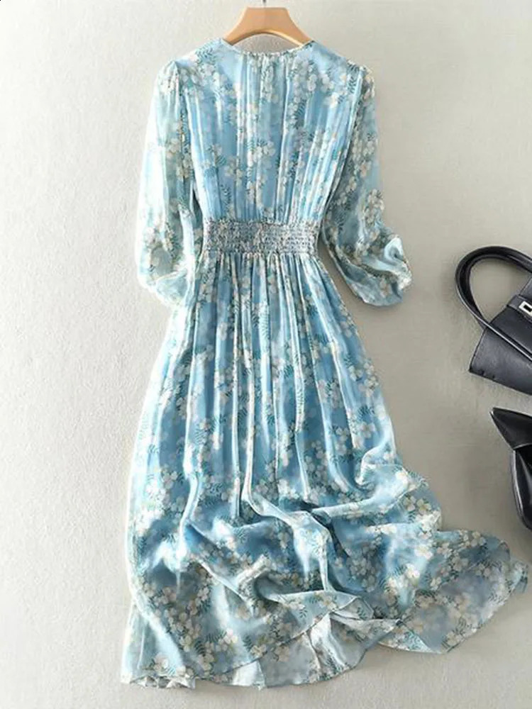Bohemian womens summer long sleeved Vneck elegant blue chiffon dress with high waist printed beach skirt 240828