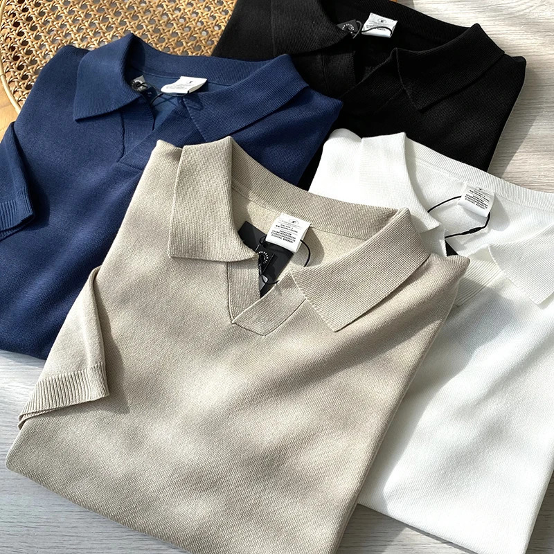 Spring and summer mens casual Vneck knitted short sleeved polo shirt 240828
