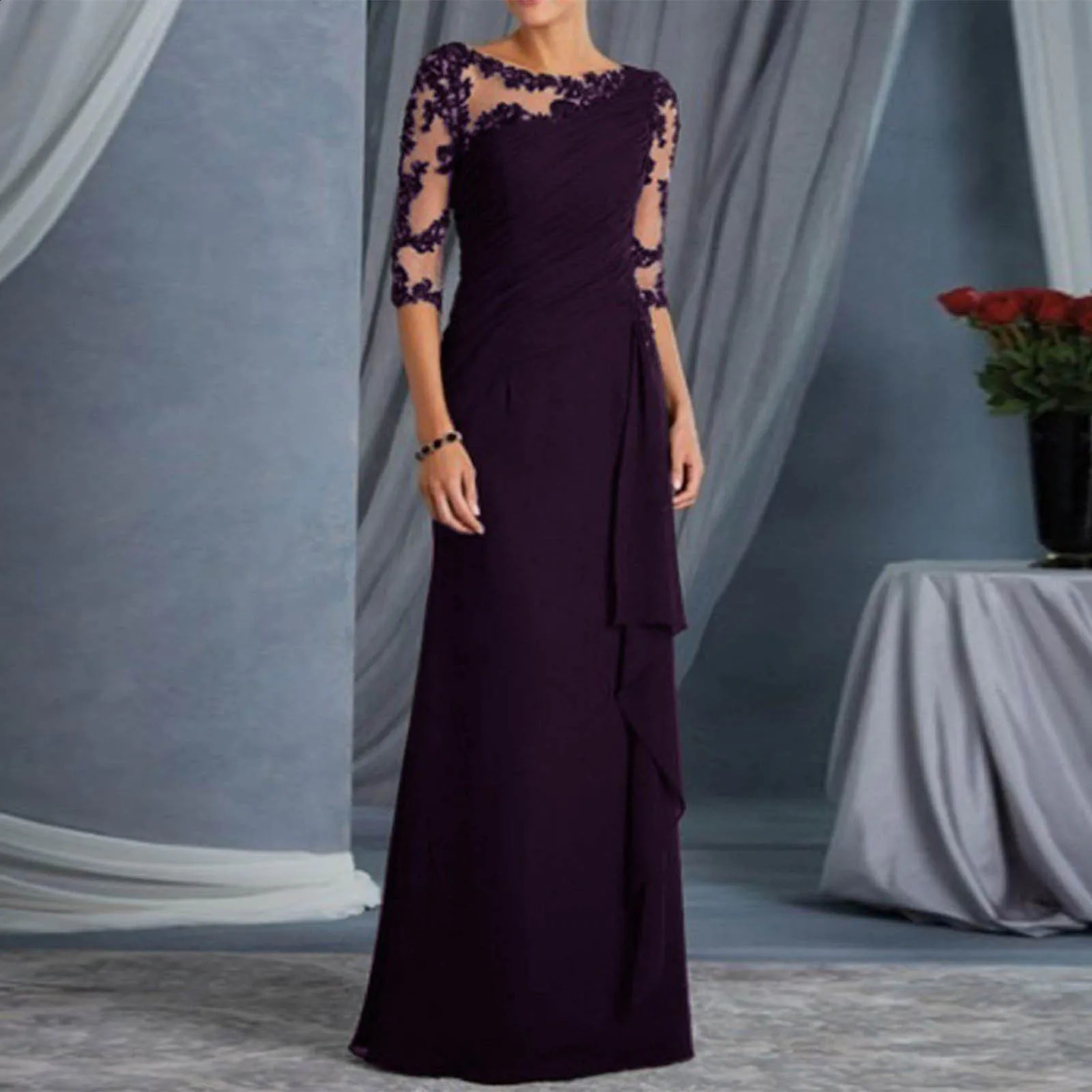 Women Elegant Lace See Through Prom Dress Sexy Round Neck Mid Sleeve Long Dress Formal Midi Evening Dress with Wave Ribbon