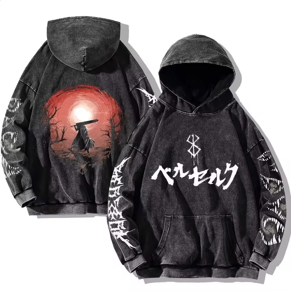 Mens Berserk Hoodies Gothic Print Vintage Washed Hoodie Hip Hop Streetwear Cotton Sweatshirts Harajuku Casual Hooded Pullover 240829 - view 4