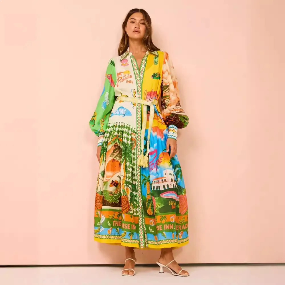 Single Chest Long Lantern Sleeve Graffiti Printed Tie Waist Dress Pleated Square Necklace Sleeves Mid