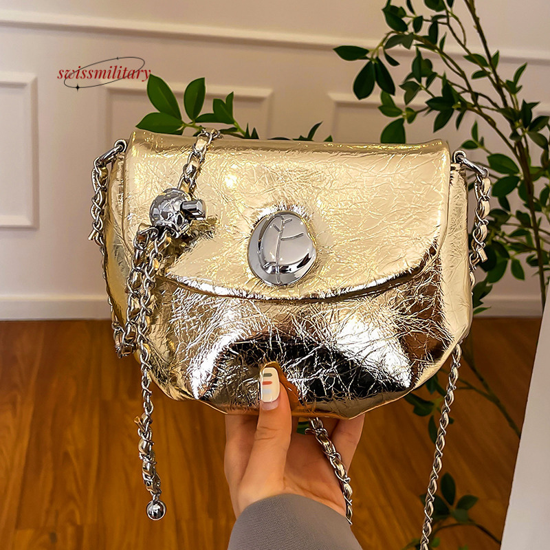 Swissmilitary Silver pleated for women 2024 new niche design chain shoulder crossbody bag, high-end and fashionable saddle bag #27