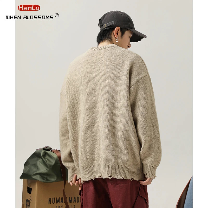 Retro Loose Hole Piercing n Sweater Solid Knitted Jumper Mens Harajuku Hip Hop Super Large Pulling Black Sweater 240829