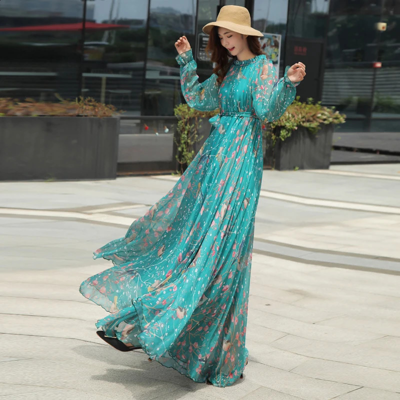 Chiffon Long Sleeve Printed Dress Bohemian Plus Womens Beach Party Garden Elegant Vestdos Robe 240828
