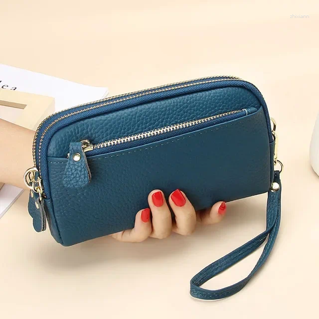 Free Shipping Wallets 2025 Ladies Clutch Purse Cowhide Wristlet Bag Genuine Leather Women Double Zip Wallet Fashion Mobile Phone designer bag Luxury B
