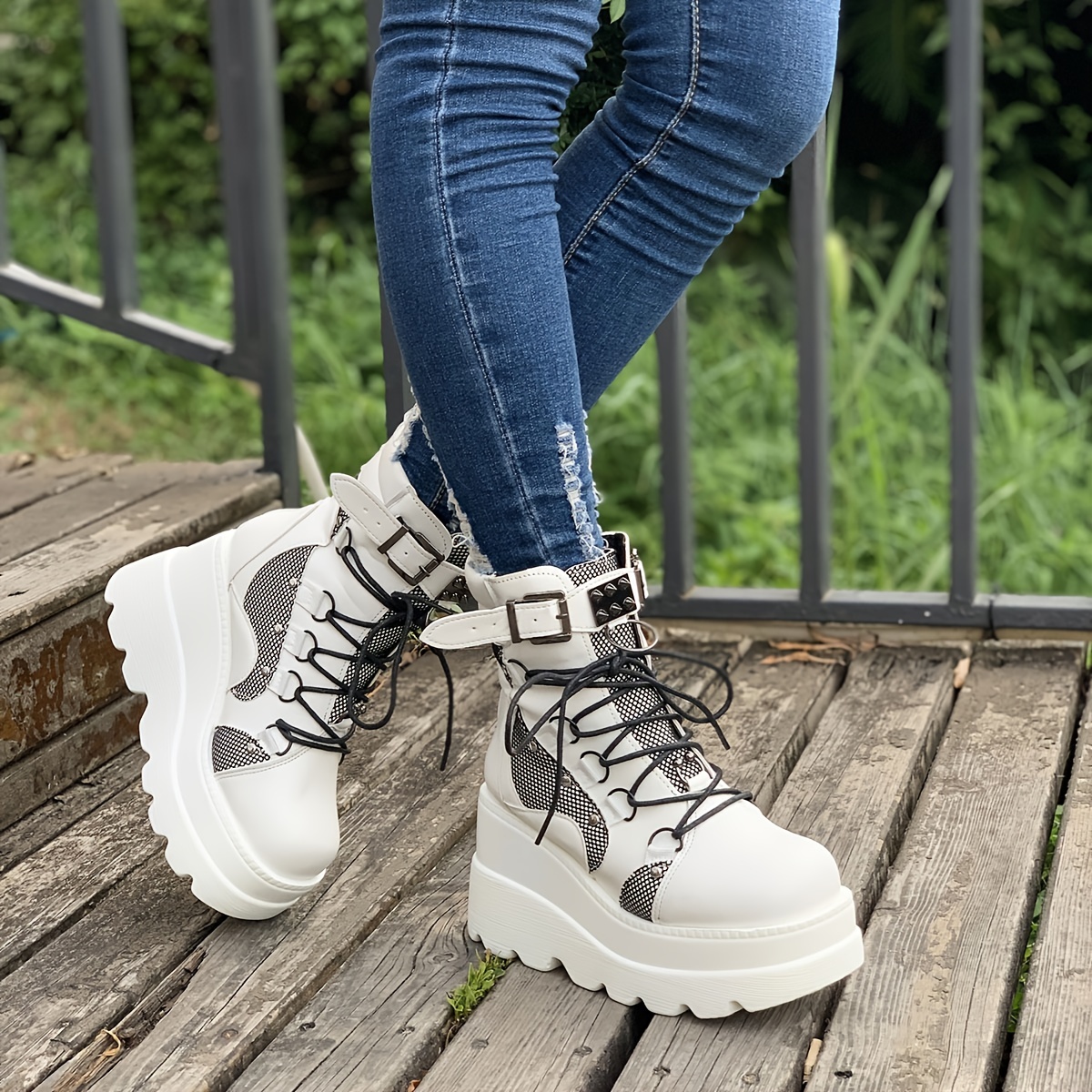 Punk Style Women's Ankle Boots with Studded Buckle Decor and Wedge Heel