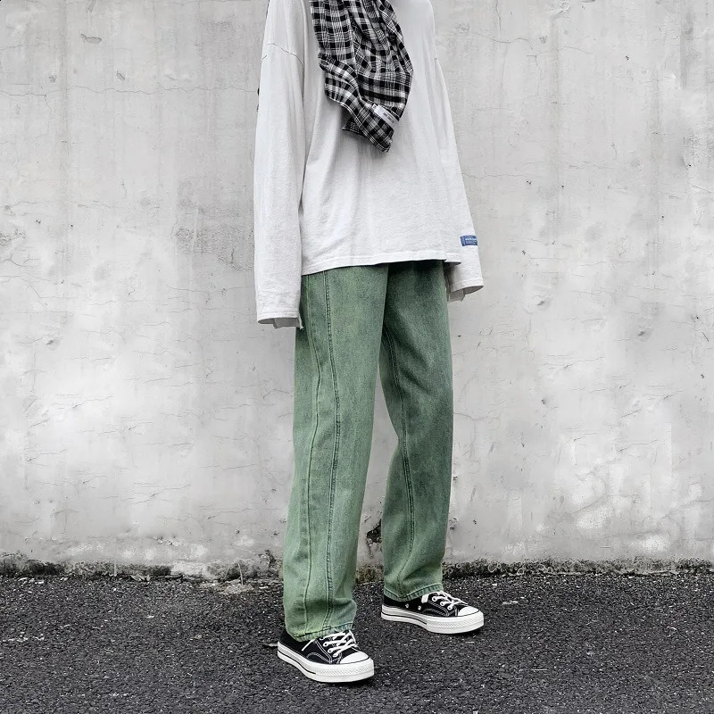 Mens fashionable straight jeans green streetwear hip-hop skateboarding casual wide leg young mens Harajuku style jeans 240829
