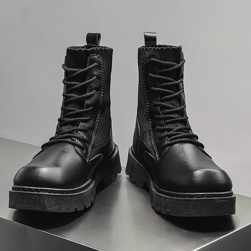 Mens Boots Toog Ankle Sock Boot Full Black High Top Leather Casual English Young Fashion Vitality Anti-wear Mans Footwear 240828