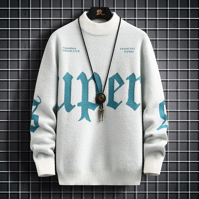 Harajuku Mens Autumn Winter Sweater Mens Trend Loose Cashmere Printed Knitted Pullover Street Outdoor Thick Warm Sweater 240829