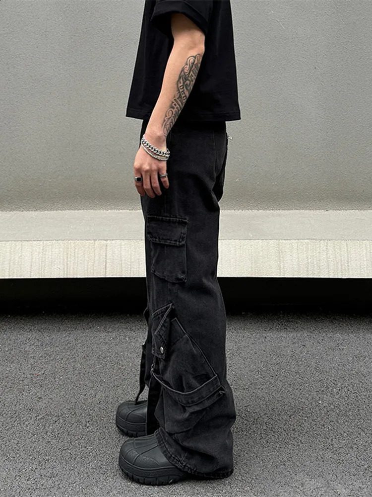 2024 Cyber Y2K Streetwear Black Multi Pockets Baggy Jeans Cargo Pants For Men Clothes Straight Trousers Pantalon Homme 240823