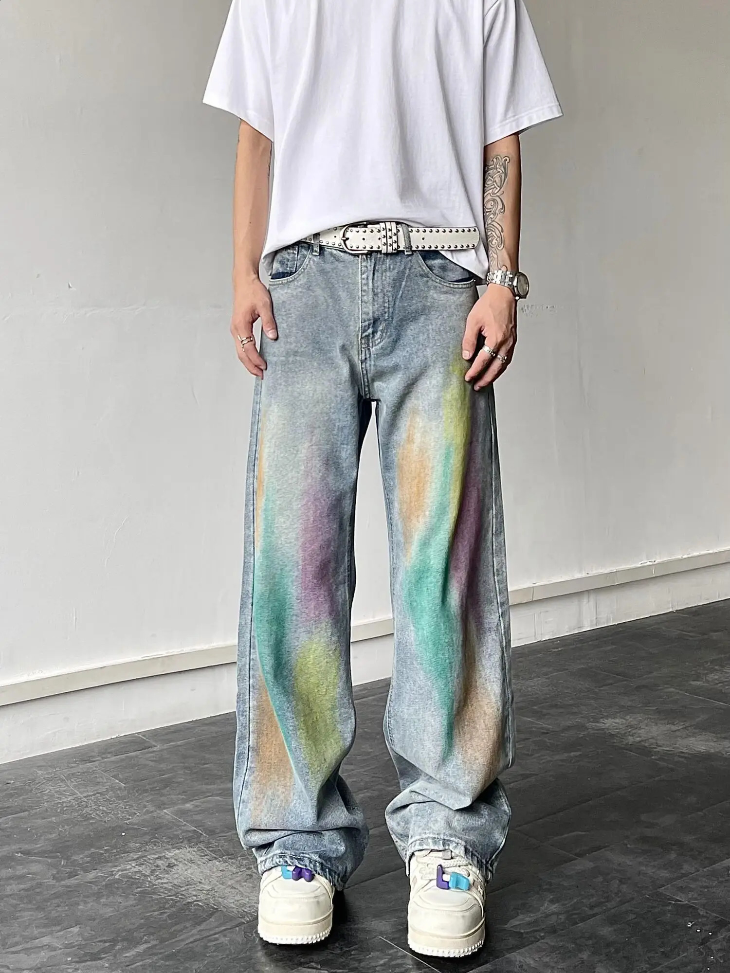 BLACKLISTS American Rainbow Graffiti n Feel Jeans Mens Trendy Loose Straight Pants 240829