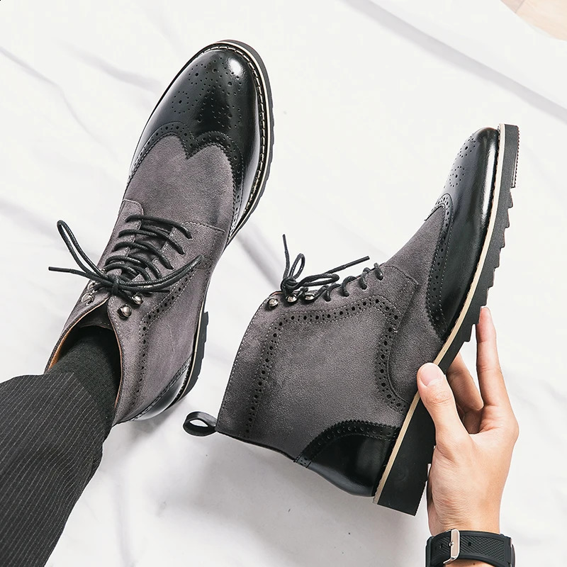 Men Dress Boots Classic Brogue Wingtip Lace-up High Ankle Business Boots 240828