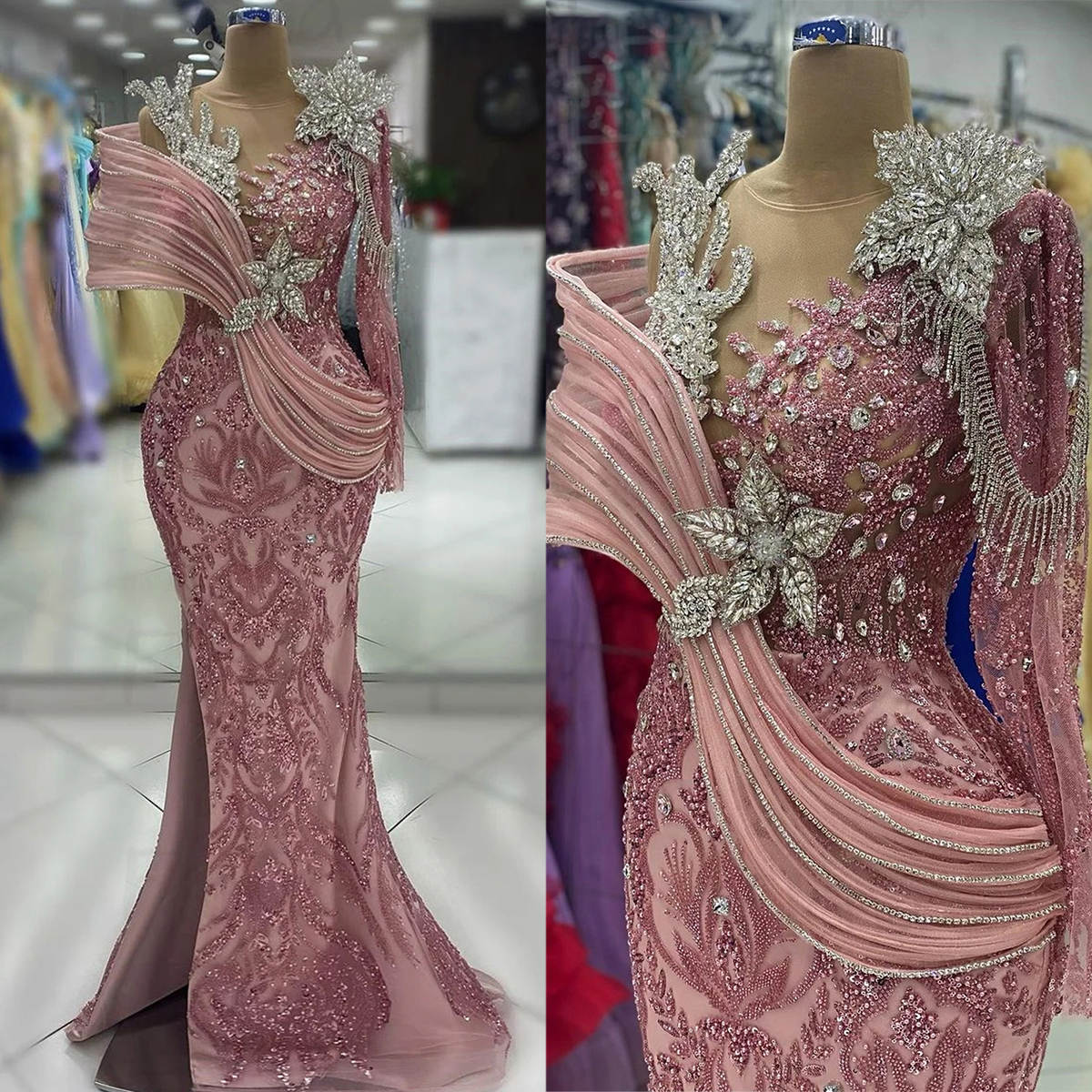 Designer Mermaid Prom Dresses Crystals Decoration Beads Sequins Lace Sleeves Floor Length Split Custom Made Plus Size Shining Party Evening Dress Vest