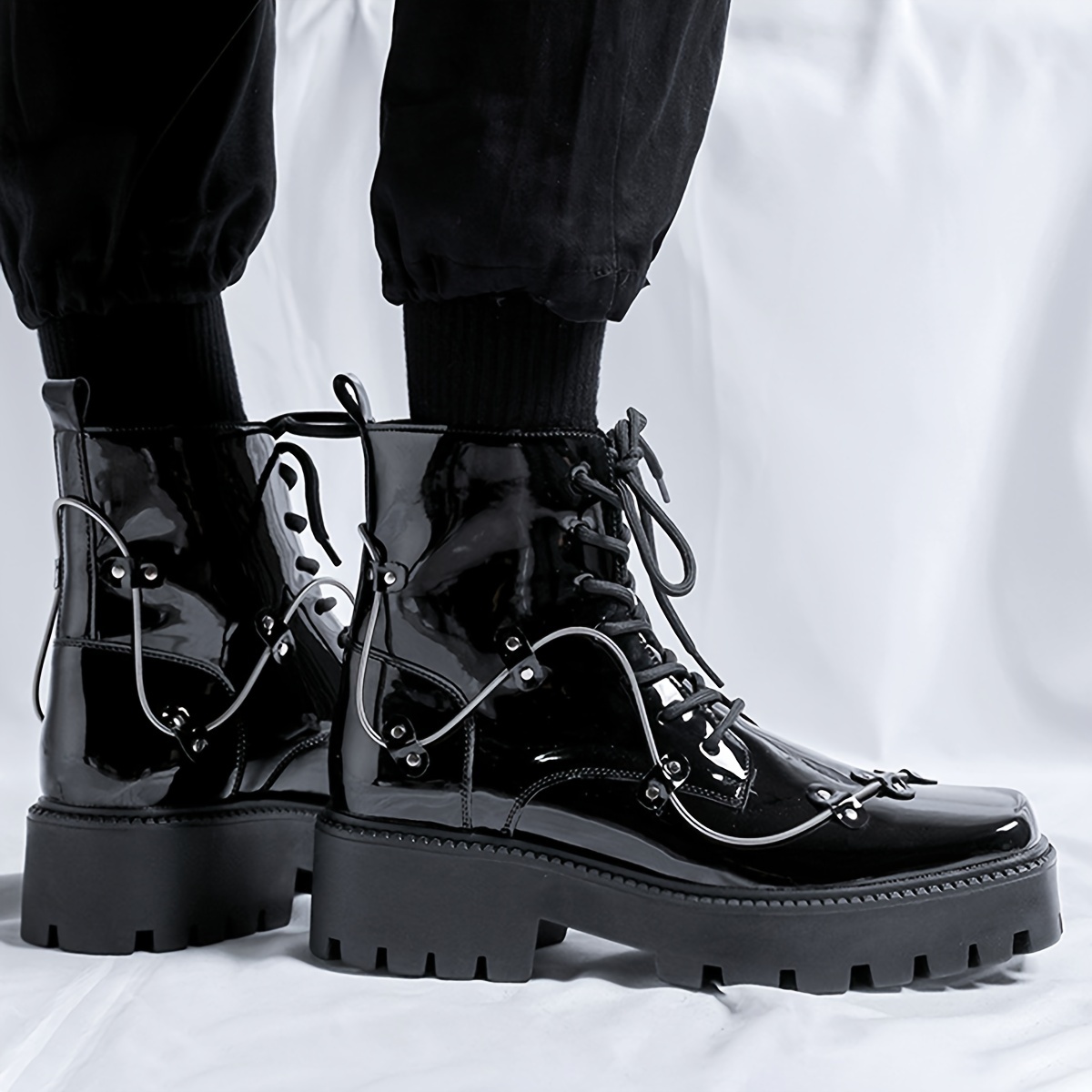 Fashion Shiny Square Toe Platform Boots Leather Boots Martin Boots - Lace Up Casual Walking Shoes - Super Comfortable and Easy to Clean