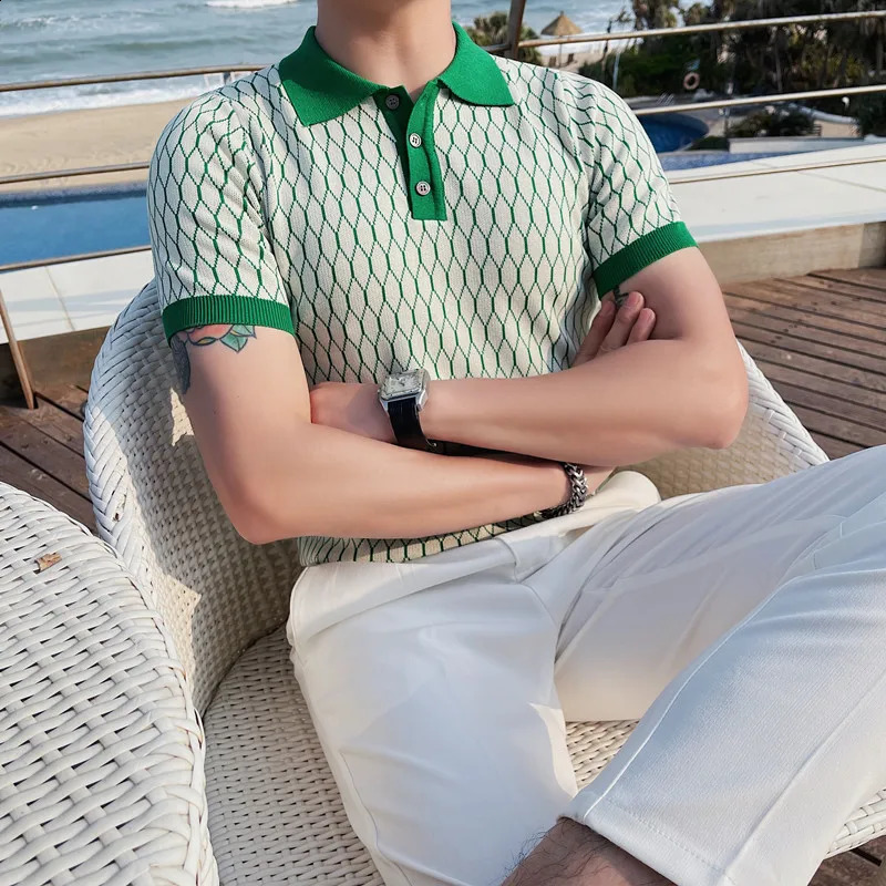 Summer Diamond Plaid Knitted Polo Shirt Mens Ice Silk Short Sleeve Slim Fit Lapel T-shirt Streetwear Plus Size 4XL-M 240828