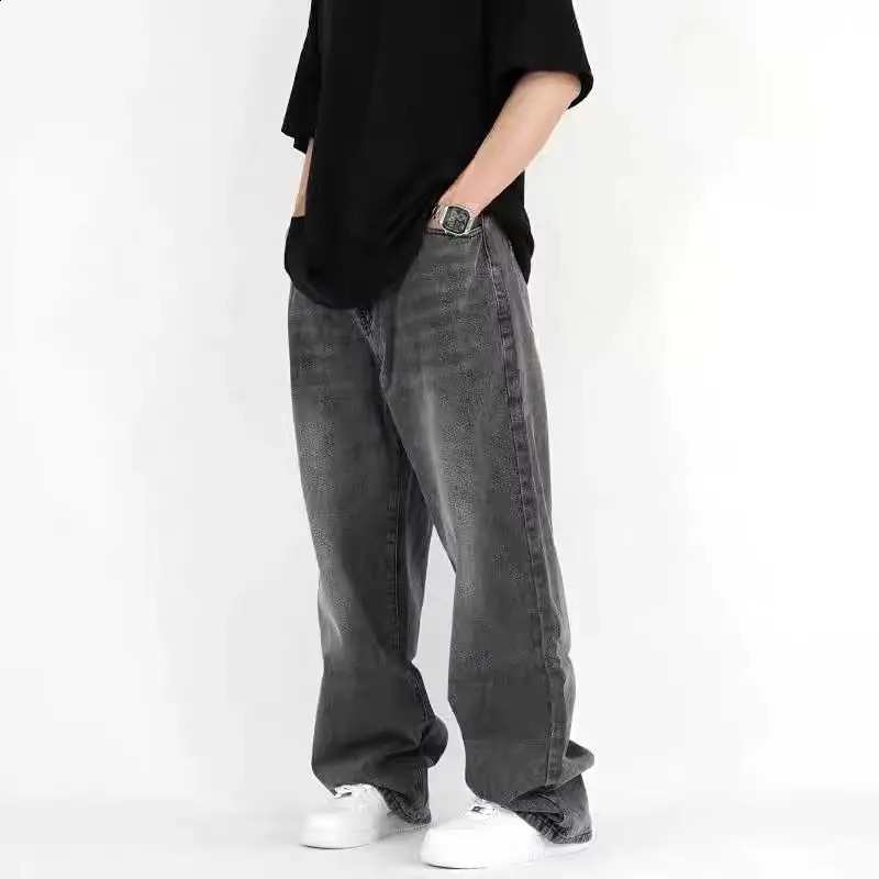 mens streetwear black gray pocket wide leg wash jeans Korean fashion straight elastic loose denim cargo pants 240829