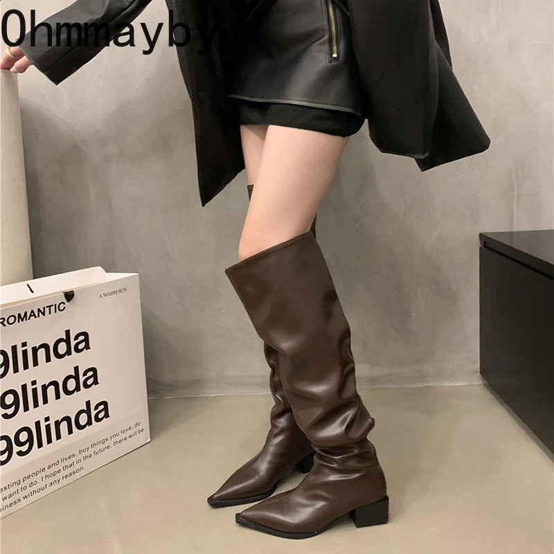 Elastic soft leather womens knee high boots fashionable Pointed sole autumn thick boots womens long boots 240827