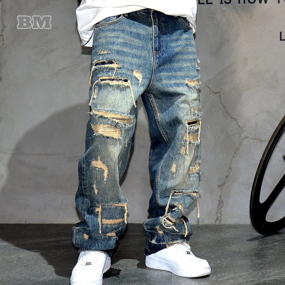 American Streetwear Hand Sewn Patch Ripped Jeans For Men Skateboard Baggy Denim Straight Leg Pants Harajuku Fashion Trousers 240828