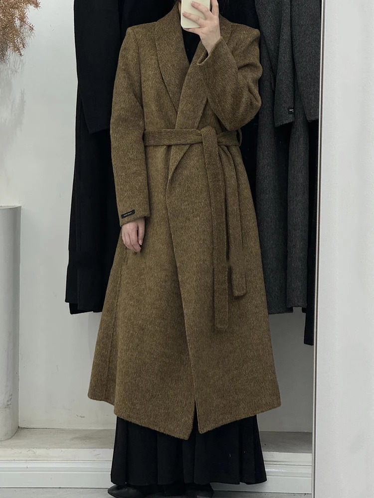 GVUW Retro Long Wool Coat Womens Notched Full Sleeve Coat Solid Color Warm Minimalist Clothing 17G7996 240828